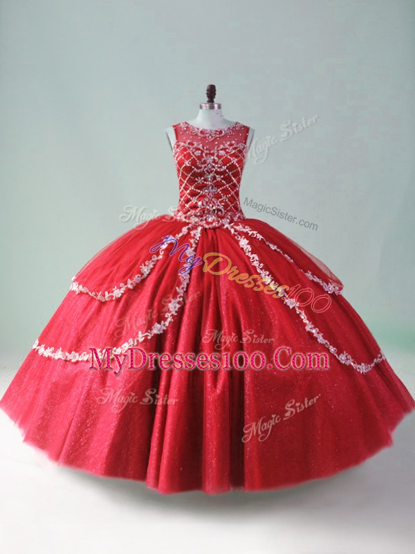 Red Ball Gowns Tulle Scoop Sleeveless Beading and Appliques Floor Length Zipper Quinceanera Gown