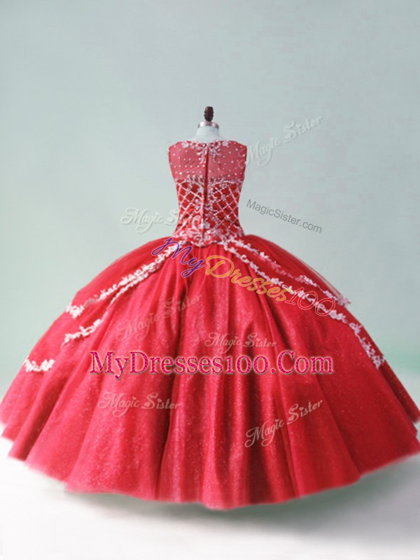Red Ball Gowns Tulle Scoop Sleeveless Beading and Appliques Floor Length Zipper Quinceanera Gown