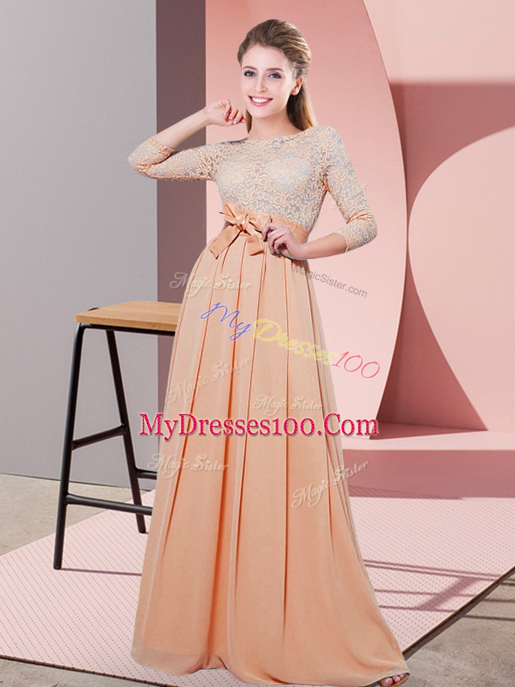 Floor Length Peach Vestidos de Damas Scoop 3 4 Length Sleeve Side Zipper