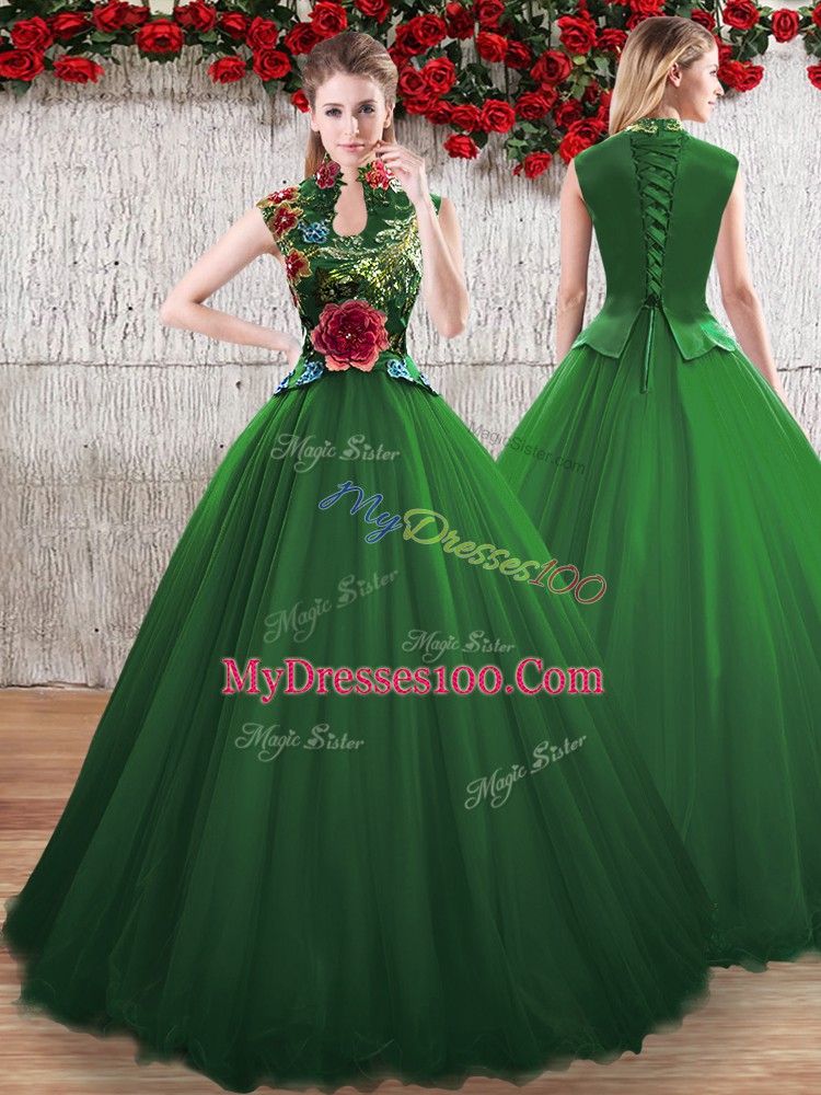 Custom Made Green Sleeveless Floor Length Hand Made Flower Lace Up Quinceanera Dresses