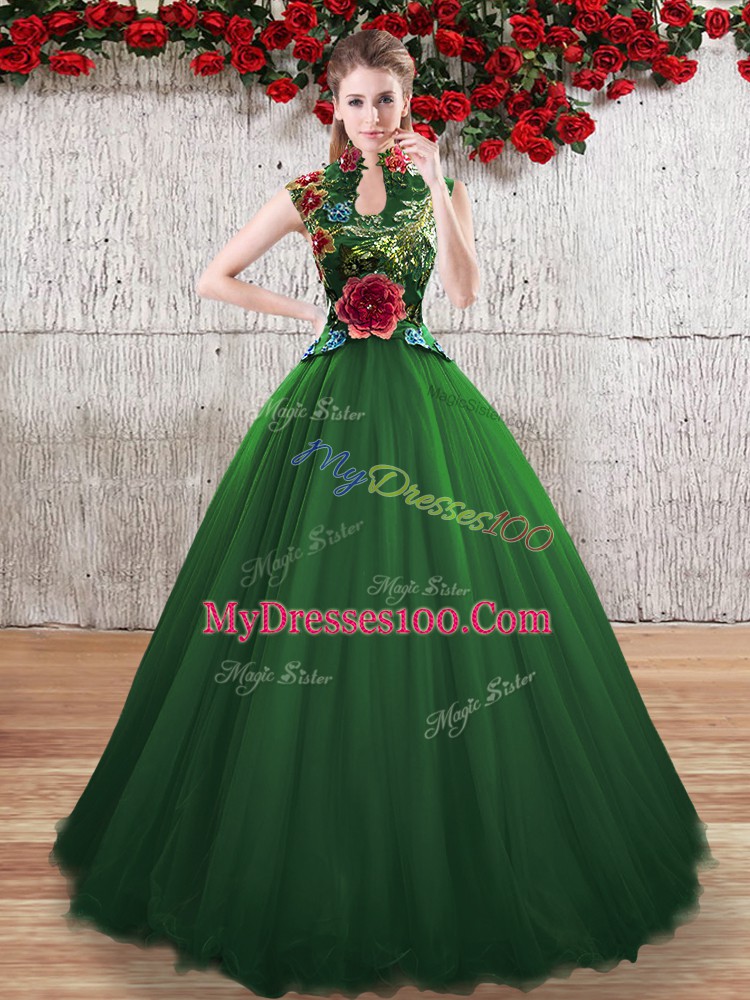 Custom Made Green Sleeveless Floor Length Hand Made Flower Lace Up Quinceanera Dresses