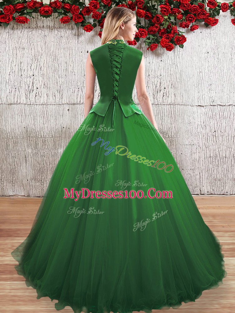 Custom Made Green Sleeveless Floor Length Hand Made Flower Lace Up Quinceanera Dresses