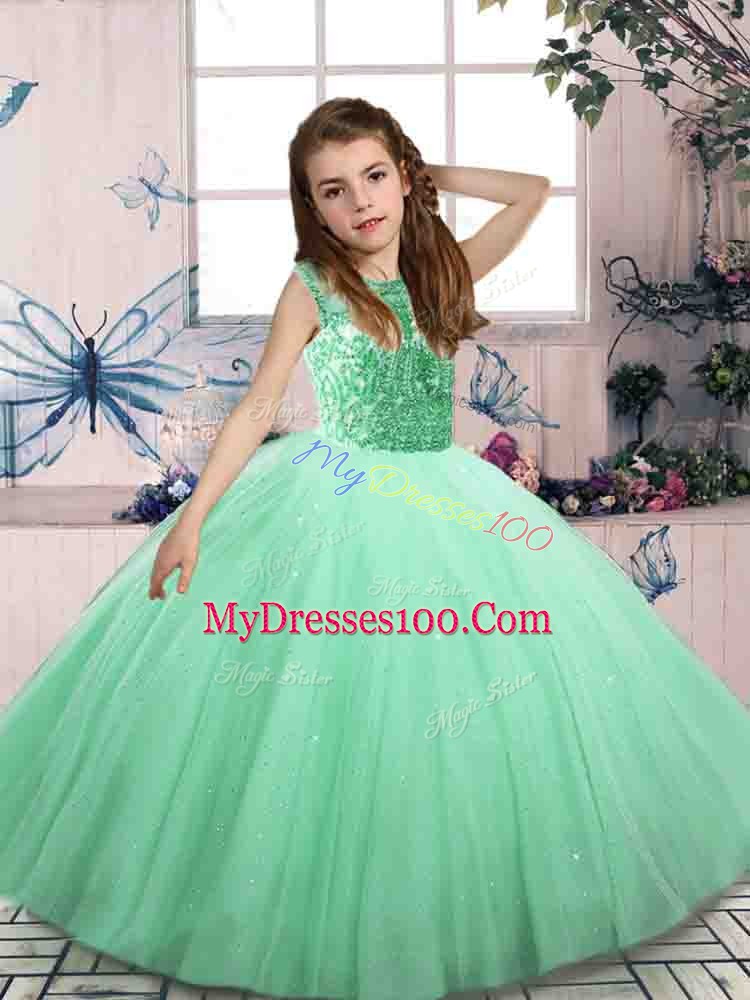 Sleeveless Tulle Mini Length Lace Up Pageant Dress in Apple Green with Beading