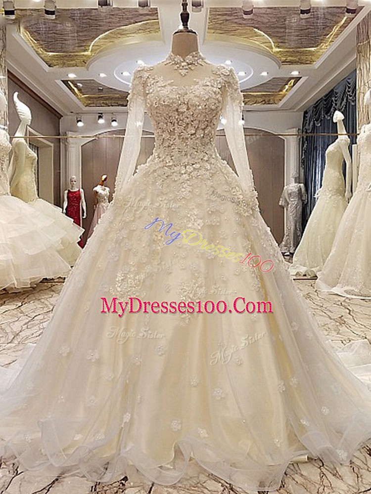 Fantastic White Ball Gowns Tulle High-neck Long Sleeves Appliques Lace Up Wedding Dress Court Train