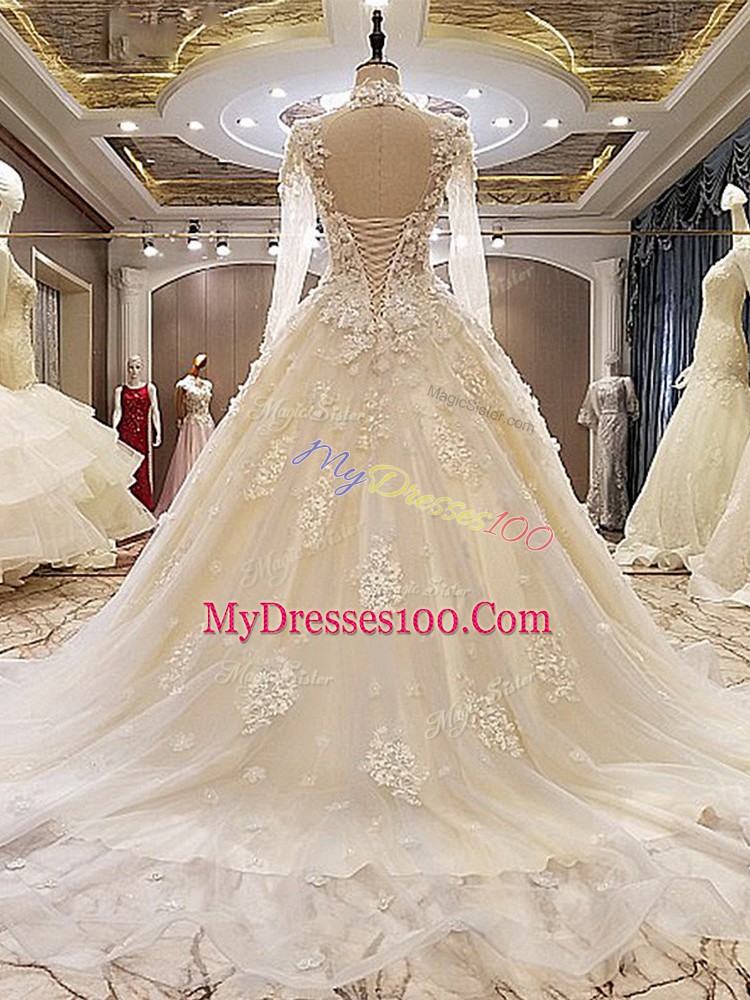 Fantastic White Ball Gowns Tulle High-neck Long Sleeves Appliques Lace Up Wedding Dress Court Train