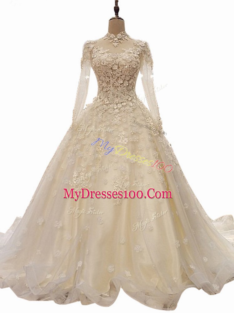 Fantastic White Ball Gowns Tulle High-neck Long Sleeves Appliques Lace Up Wedding Dress Court Train