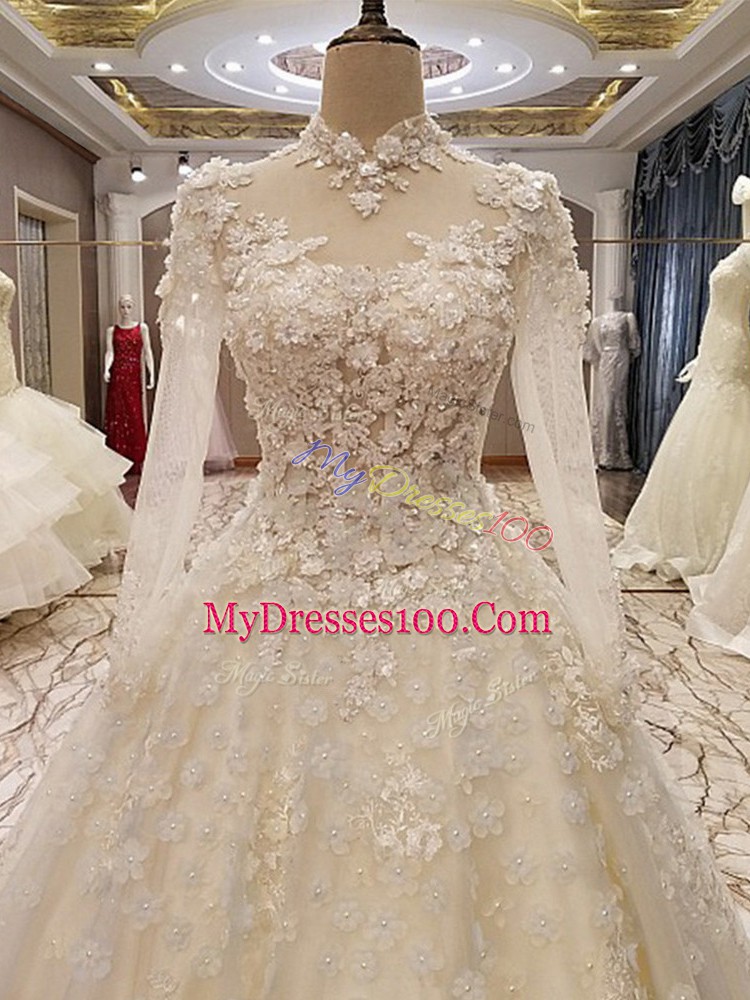 Fantastic White Ball Gowns Tulle High-neck Long Sleeves Appliques Lace Up Wedding Dress Court Train