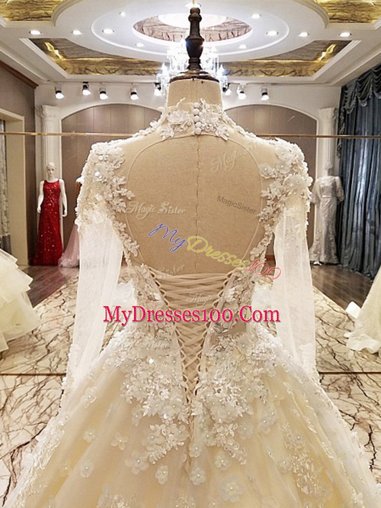 Fantastic White Ball Gowns Tulle High-neck Long Sleeves Appliques Lace Up Wedding Dress Court Train