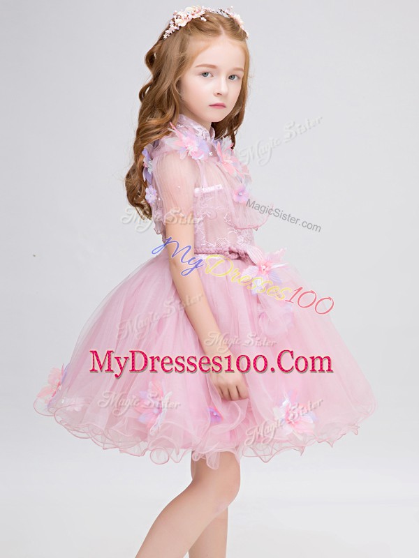 Modest Baby Pink Ball Gowns Appliques Flower Girl Dresses for Less Zipper Tulle Short Sleeves Mini Length