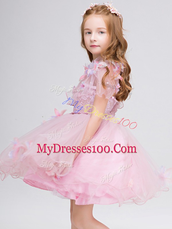 Modest Baby Pink Ball Gowns Appliques Flower Girl Dresses for Less Zipper Tulle Short Sleeves Mini Length