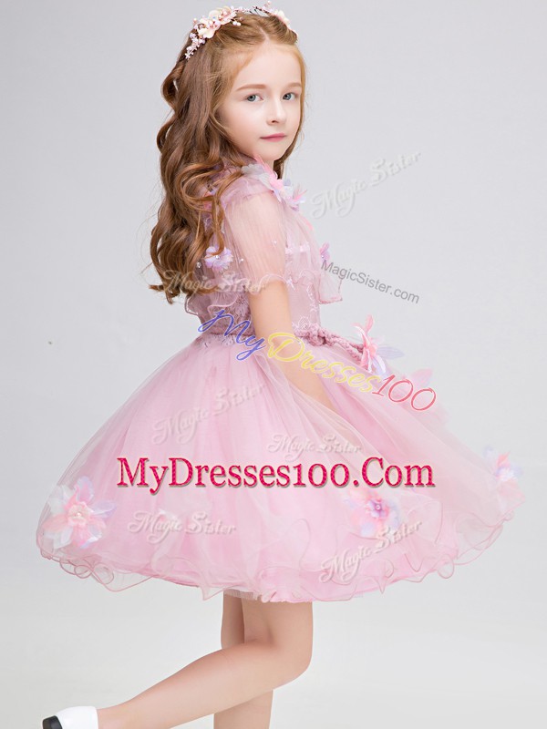 Modest Baby Pink Ball Gowns Appliques Flower Girl Dresses for Less Zipper Tulle Short Sleeves Mini Length