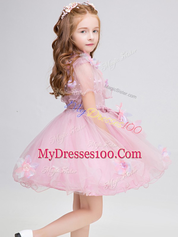 Modest Baby Pink Ball Gowns Appliques Flower Girl Dresses for Less Zipper Tulle Short Sleeves Mini Length
