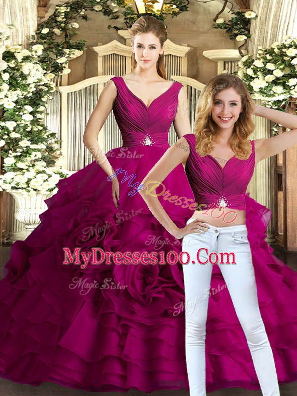 Fuchsia Ball Gown Prom Dress Military Ball and Sweet 16 and Quinceanera with Beading and Ruffles V-neck Sleeveless Backless