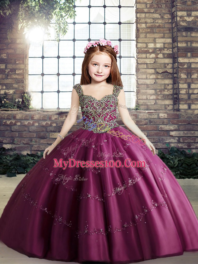 Fancy Floor Length Fuchsia Little Girls Pageant Gowns Straps Sleeveless Lace Up