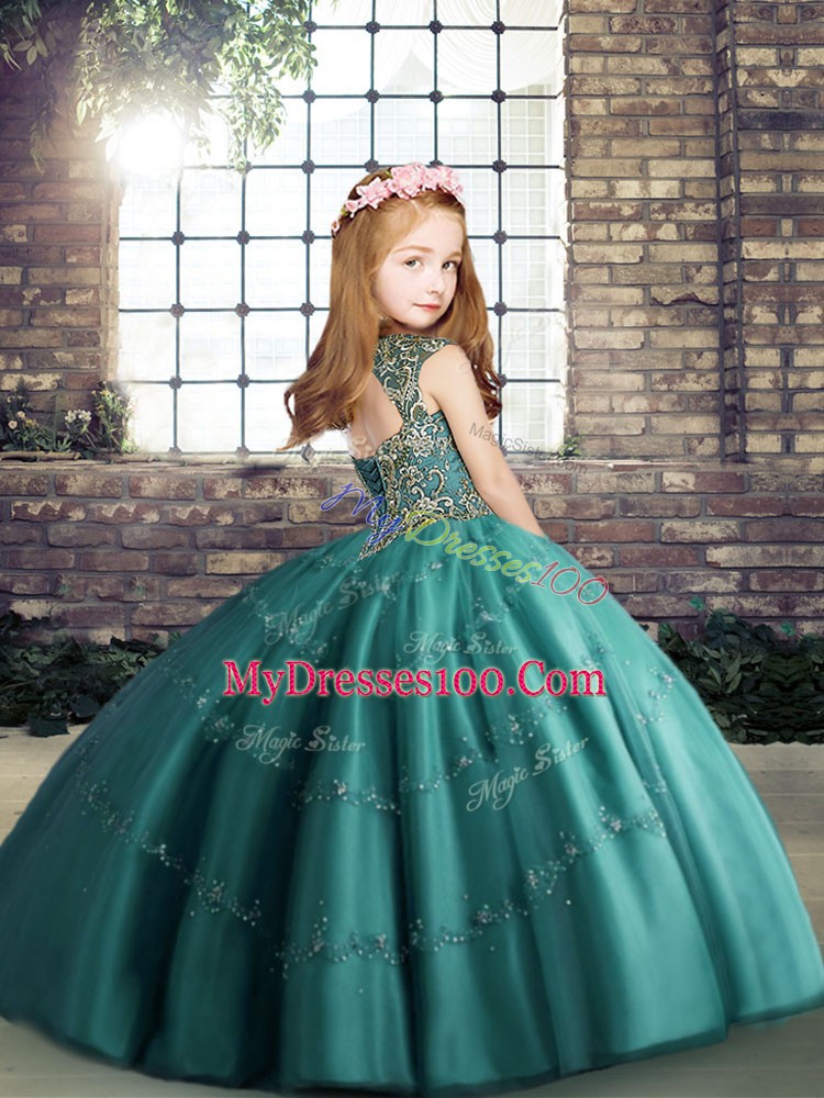 Fancy Floor Length Fuchsia Little Girls Pageant Gowns Straps Sleeveless Lace Up