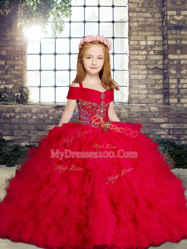 Low Price Tulle Sleeveless Floor Length Child Pageant Dress and Beading and Ruffles