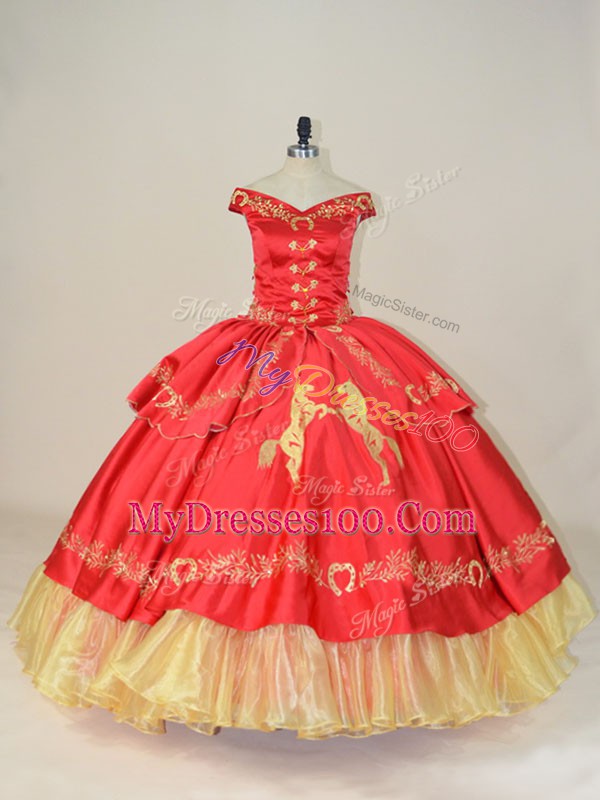 Off The Shoulder Sleeveless Lace Up Quinceanera Dresses Red Satin and Organza