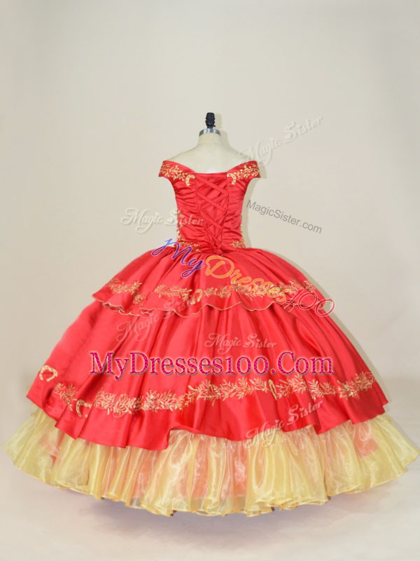 Off The Shoulder Sleeveless Lace Up Quinceanera Dresses Red Satin and Organza