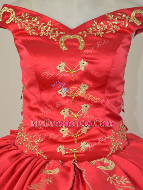 Off The Shoulder Sleeveless Lace Up Quinceanera Dresses Red Satin and Organza