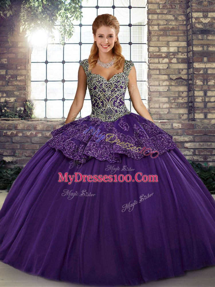 Smart Purple Sleeveless Tulle Lace Up Quinceanera Dresses for Military Ball and Sweet 16 and Quinceanera