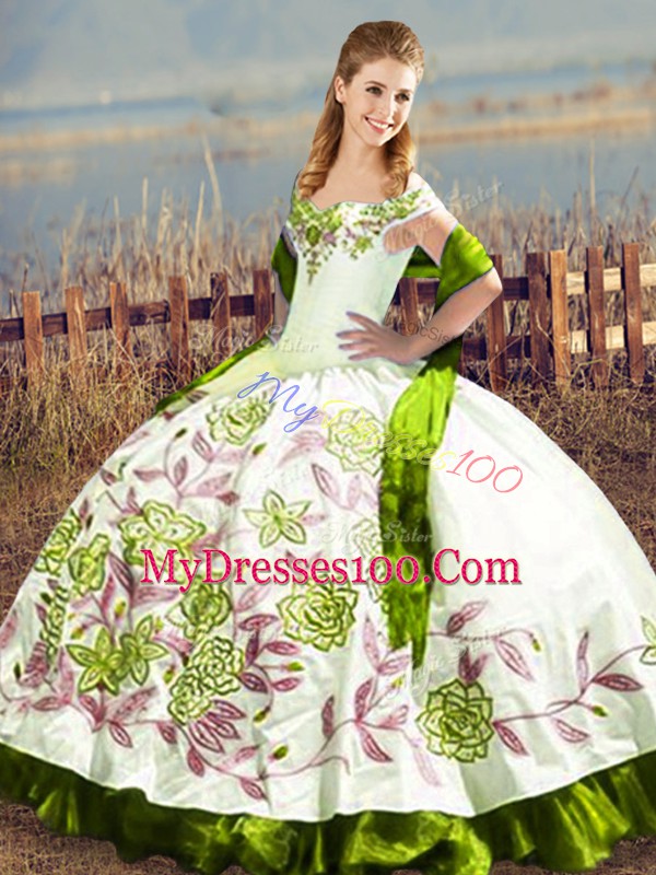 On Sale Olive Green Satin Lace Up Quince Ball Gowns Sleeveless Floor Length Embroidery