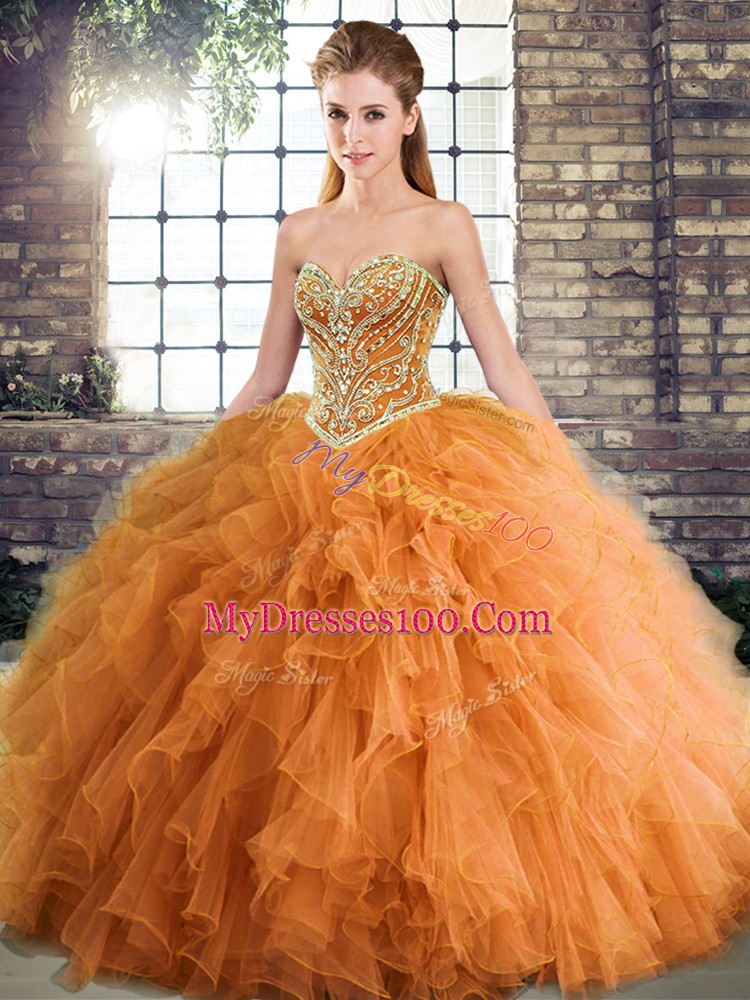 Beauteous Beading and Ruffles Ball Gown Prom Dress Orange Lace Up Sleeveless Floor Length