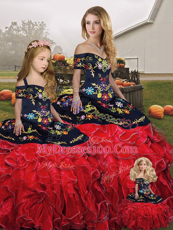 Beautiful Red And Black Lace Up Vestidos de Quinceanera Embroidery and Ruffles Sleeveless Floor Length