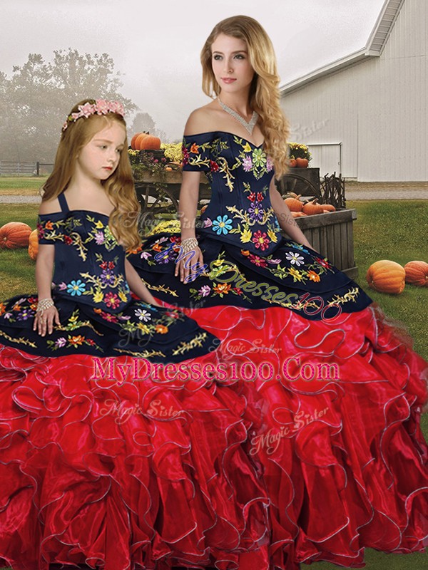 Beautiful Red And Black Lace Up Vestidos de Quinceanera Embroidery and Ruffles Sleeveless Floor Length