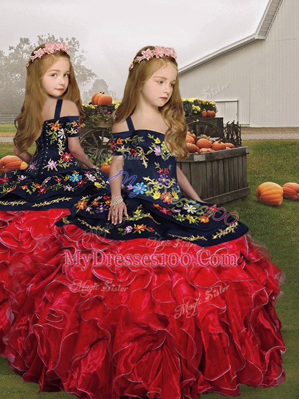 Beautiful Red And Black Lace Up Vestidos de Quinceanera Embroidery and Ruffles Sleeveless Floor Length