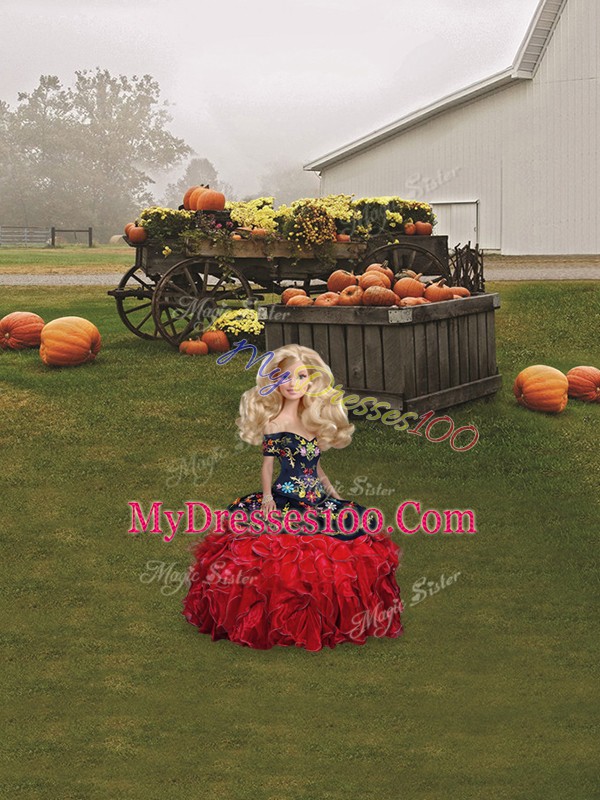 Beautiful Red And Black Lace Up Vestidos de Quinceanera Embroidery and Ruffles Sleeveless Floor Length