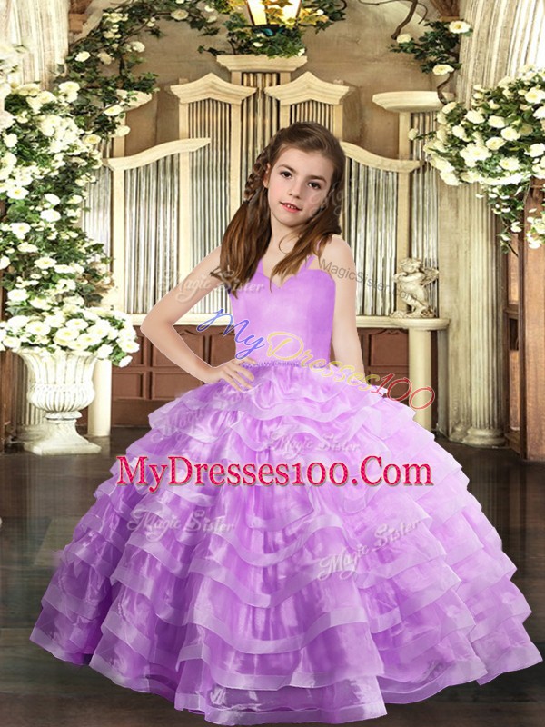 Lavender Organza Lace Up Straps Sleeveless Floor Length Girls Pageant Dresses Ruffled Layers
