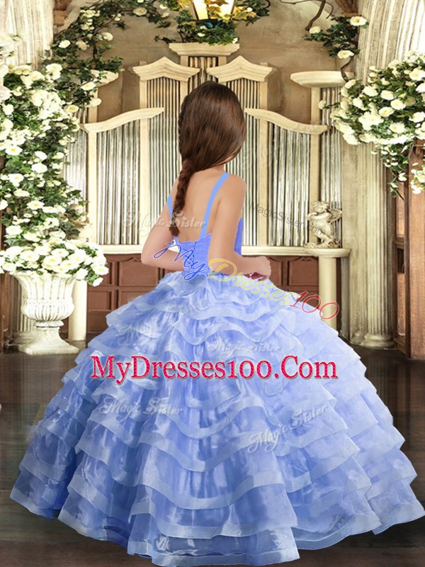 Lavender Organza Lace Up Straps Sleeveless Floor Length Girls Pageant Dresses Ruffled Layers