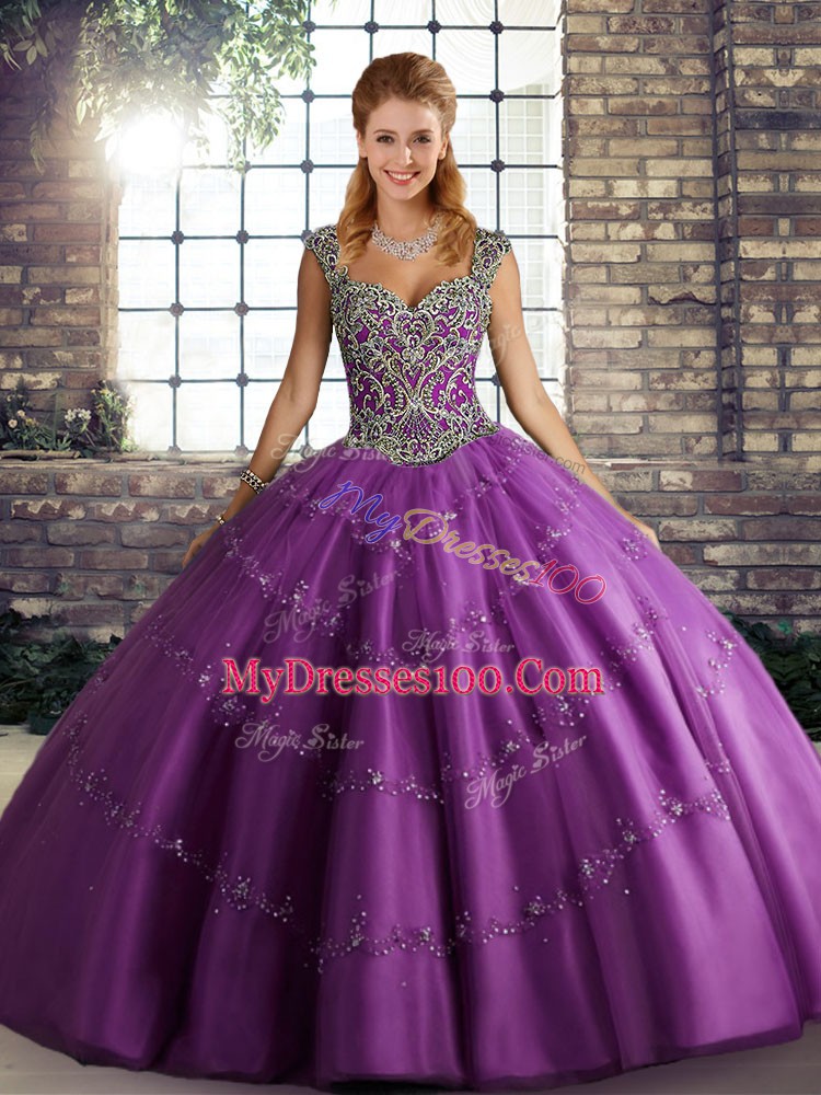 Purple Lace Up Straps Beading and Appliques Quinceanera Gown Tulle Sleeveless