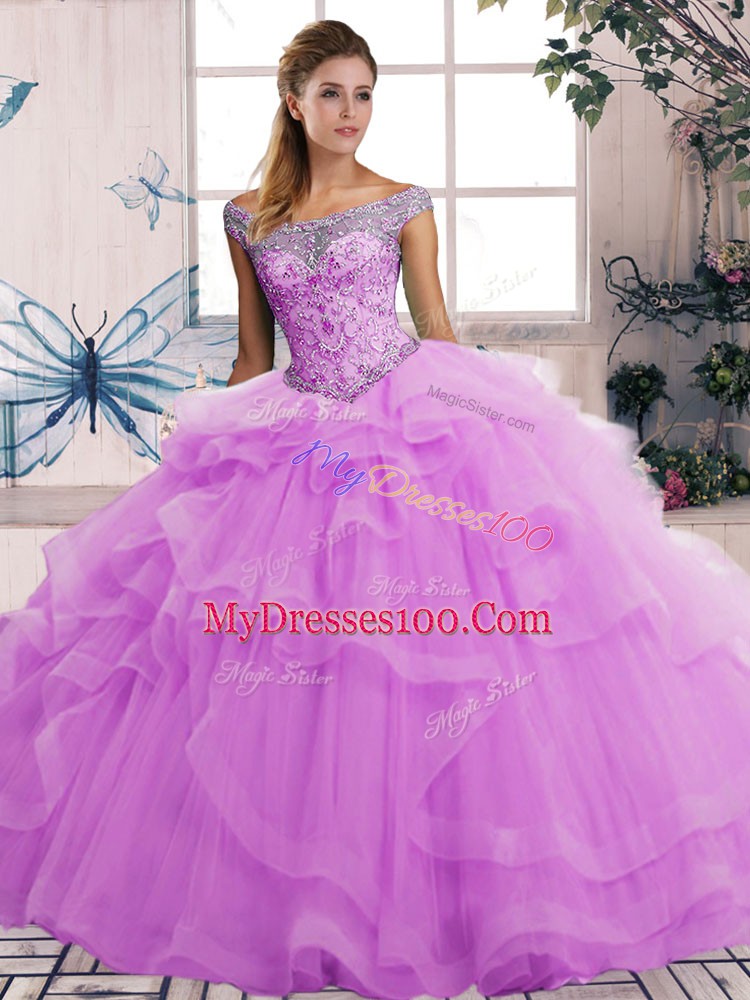 Floor Length Lace Up Quinceanera Gown Lilac for Military Ball and Sweet 16 and Quinceanera with Beading and Ruffles