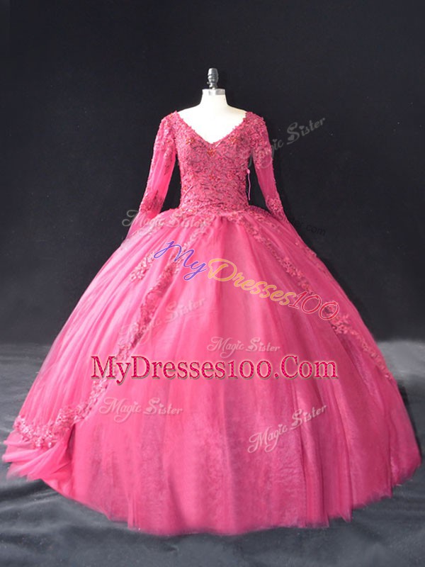 Floor Length Lace Up Quinceanera Gown Hot Pink for Sweet 16 and Quinceanera with Lace and Appliques