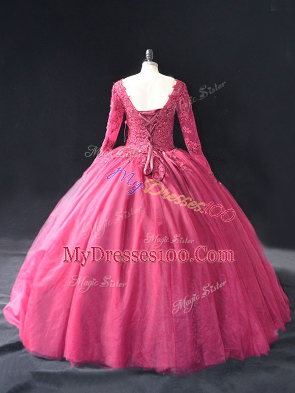 Floor Length Lace Up Quinceanera Gown Hot Pink for Sweet 16 and Quinceanera with Lace and Appliques