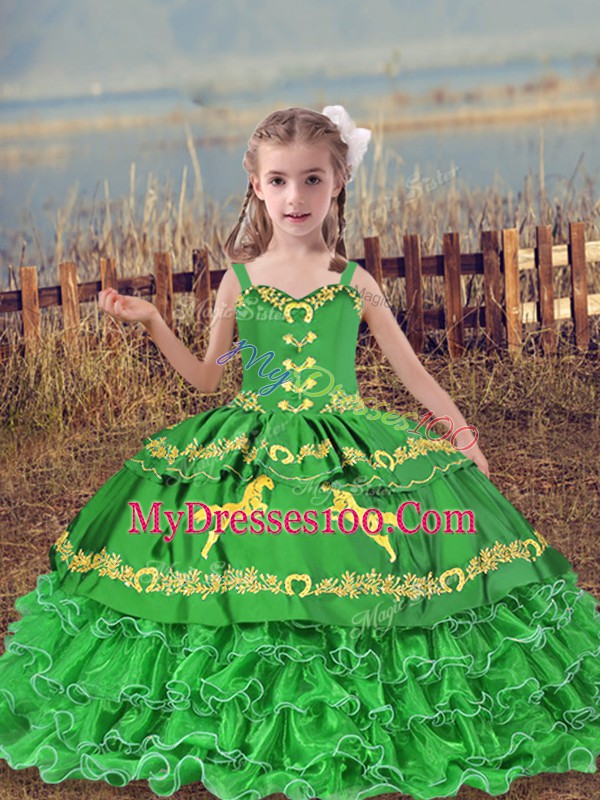 Inexpensive Ball Gowns Little Girl Pageant Dress Green Straps Organza Sleeveless Floor Length Lace Up