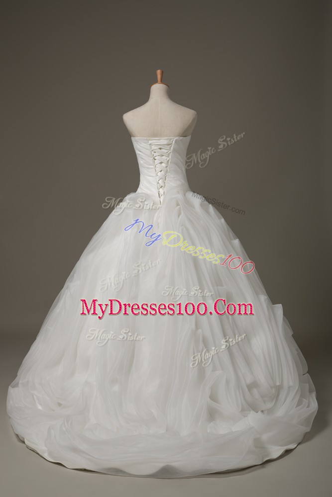 Traditional Fabric With Rolling Flowers Sleeveless Wedding Dresses Brush Train and Ruching