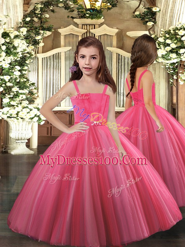 Floor Length Hot Pink Little Girl Pageant Gowns Straps Sleeveless Lace Up