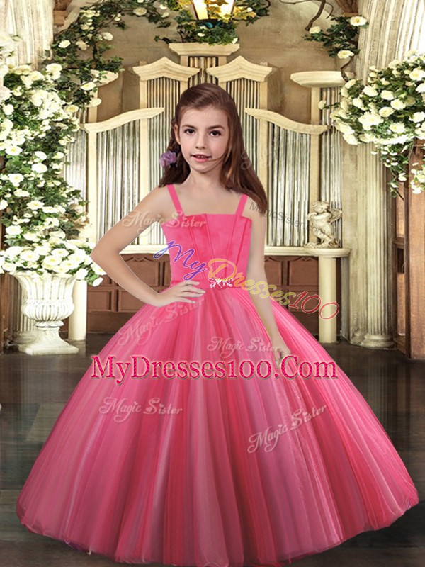 Floor Length Hot Pink Little Girl Pageant Gowns Straps Sleeveless Lace Up