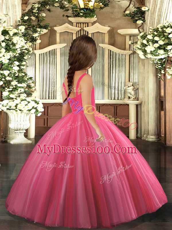 Floor Length Hot Pink Little Girl Pageant Gowns Straps Sleeveless Lace Up