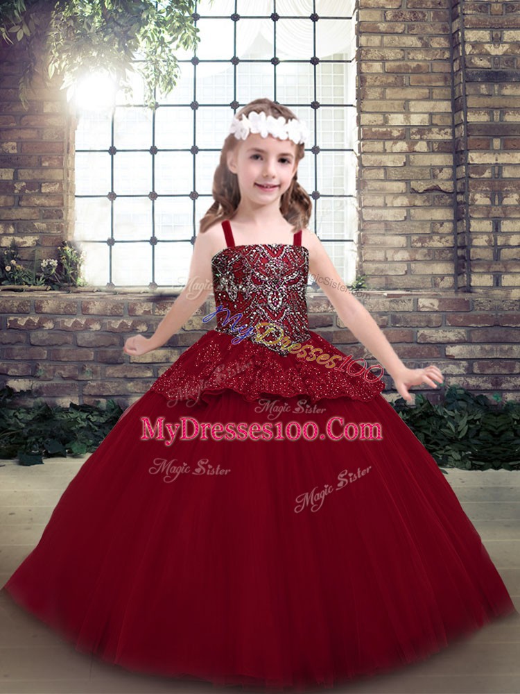 Hot Selling Floor Length Red Kids Formal Wear Tulle Sleeveless Beading