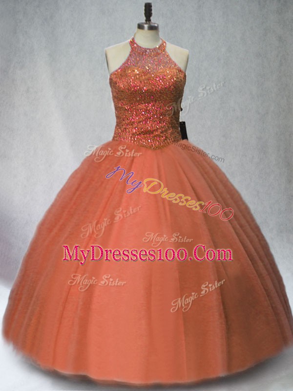 Brown Sleeveless Floor Length Beading Lace Up Sweet 16 Dress