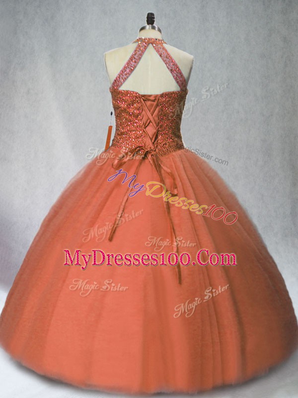 Brown Sleeveless Floor Length Beading Lace Up Sweet 16 Dress