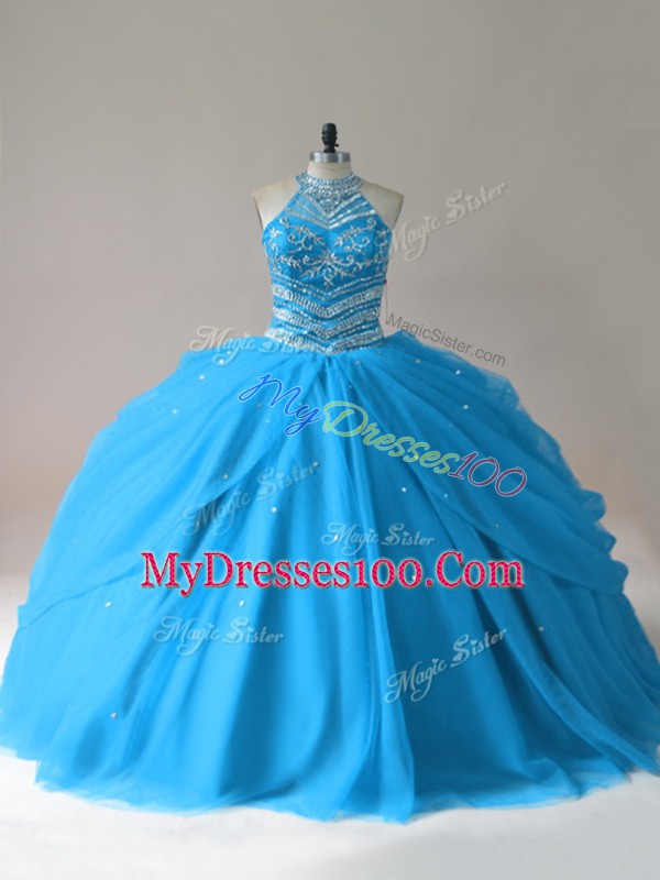 Delicate Sleeveless Floor Length Beading Lace Up Sweet 16 Quinceanera Dress with Baby Blue