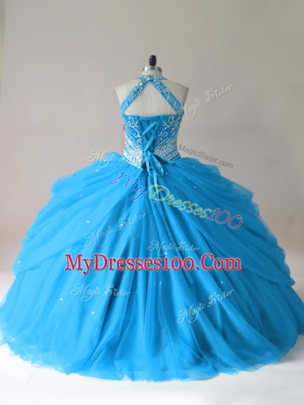 Delicate Sleeveless Floor Length Beading Lace Up Sweet 16 Quinceanera Dress with Baby Blue