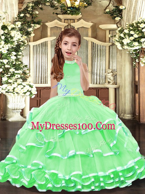 Charming Ball Gowns Beading and Ruffled Layers Child Pageant Dress Backless Organza Sleeveless Floor Length