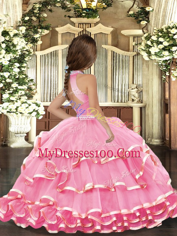 Charming Ball Gowns Beading and Ruffled Layers Child Pageant Dress Backless Organza Sleeveless Floor Length