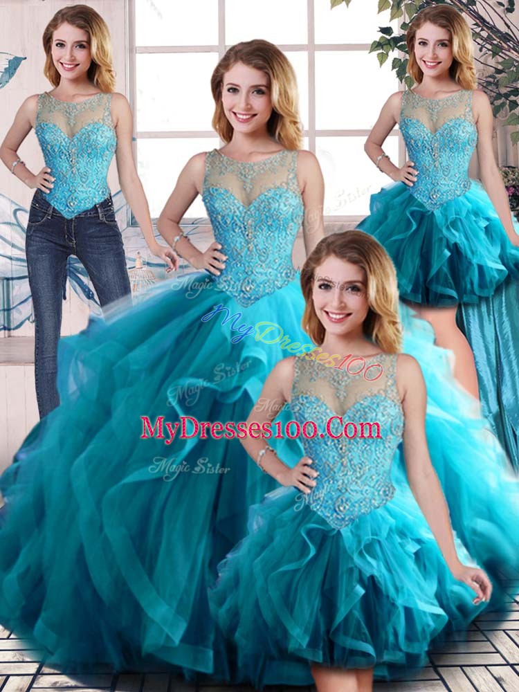 Aqua Blue Ball Gowns Beading and Ruffles Quinceanera Dress Lace Up Tulle Sleeveless Floor Length