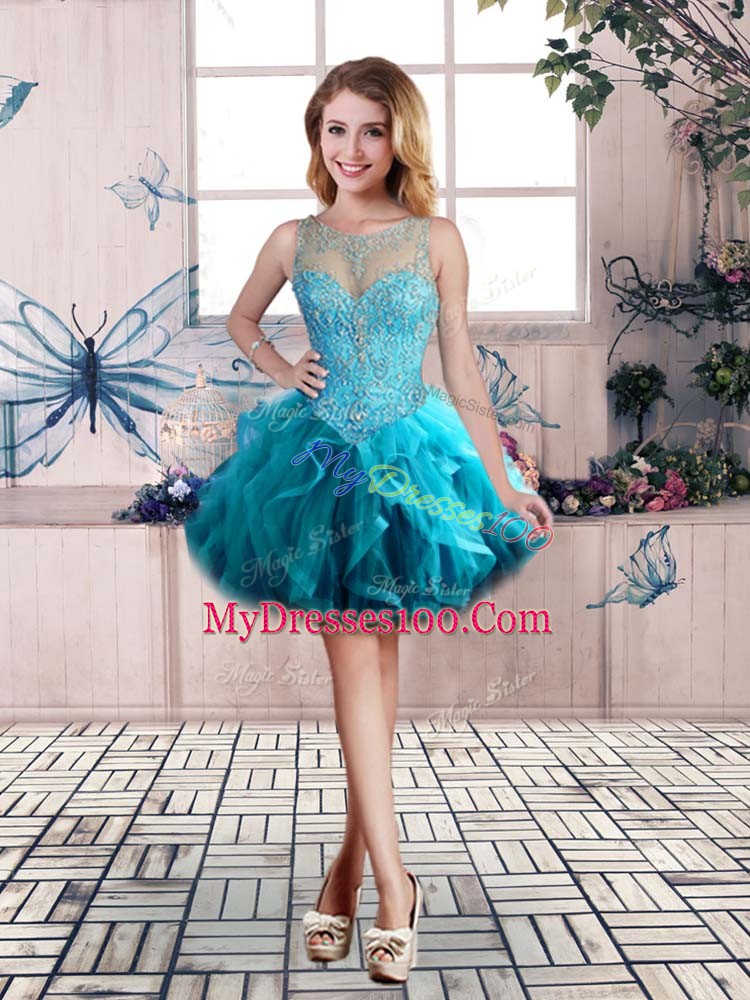 Aqua Blue Ball Gowns Beading and Ruffles Quinceanera Dress Lace Up Tulle Sleeveless Floor Length